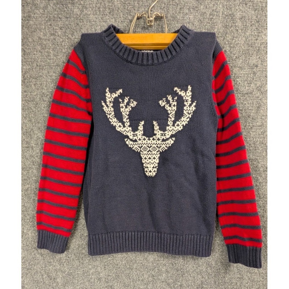 Lands‎ End Kids Blue Reindeer Striped Holiday Sweater Size S 8 Cotton Pullover
